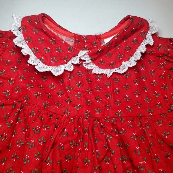 Vtg Bryan Baby Girl Holiday Christmas Tiny Floral Red White Lace 4T Dress - Picture 2 of 7
